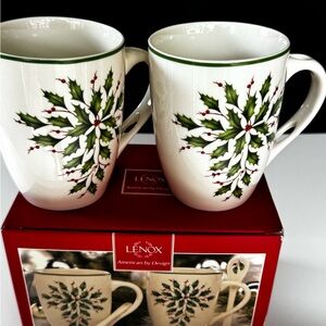 Lenox Green and White Holly Mugs for Festive Dining